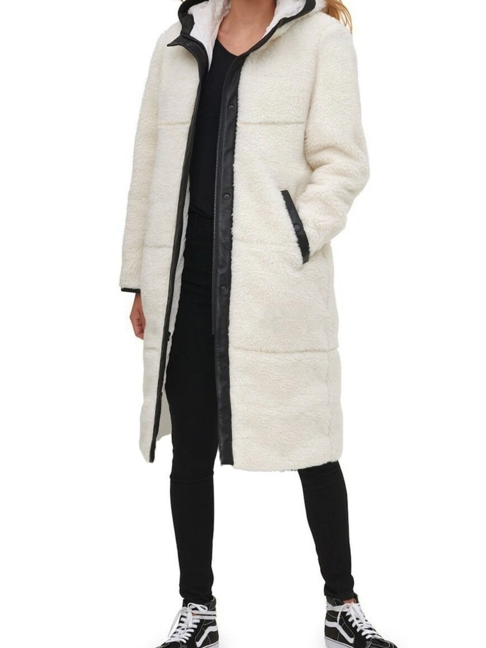 Levi's Cream Hooded Sherpa Long Coat with Black Trim